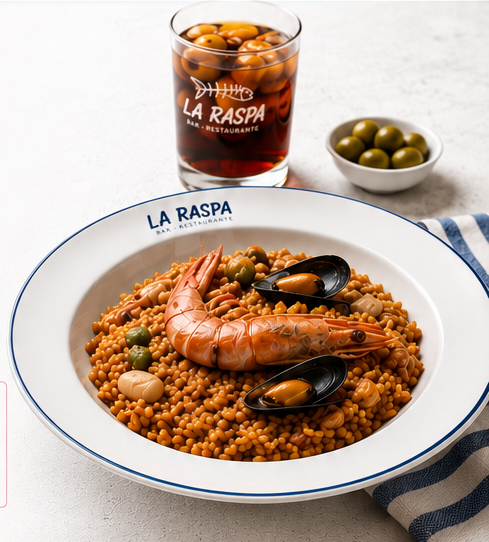 Arroz marinero, vermut y aceitunas de La Raspa